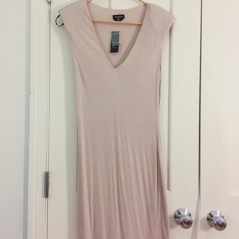 BEBE Light Pink Sparkle V Neck Dress
